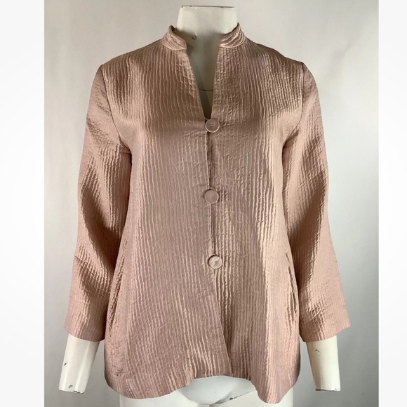 Eileen Fisher Sz XS Crepe Satin Silk Ribbed Button Cardigan Pink Mock Neck - Picture 1 of 9